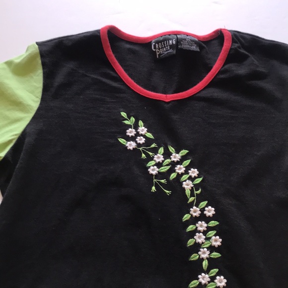 Vintage Y2K Long Sleeve Top Floral Embroidery 2000‘s Neon Green Black Floral Hot - Picture 5 of 13